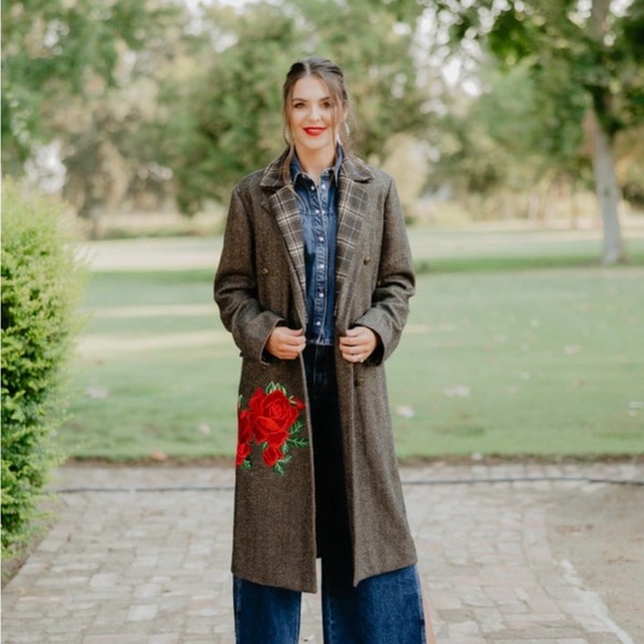 NWT Rodeo Quincy Mrs Marvel Cowboy Embroidered Rose Floral Brown Trench Coat - Picture 2 of 3